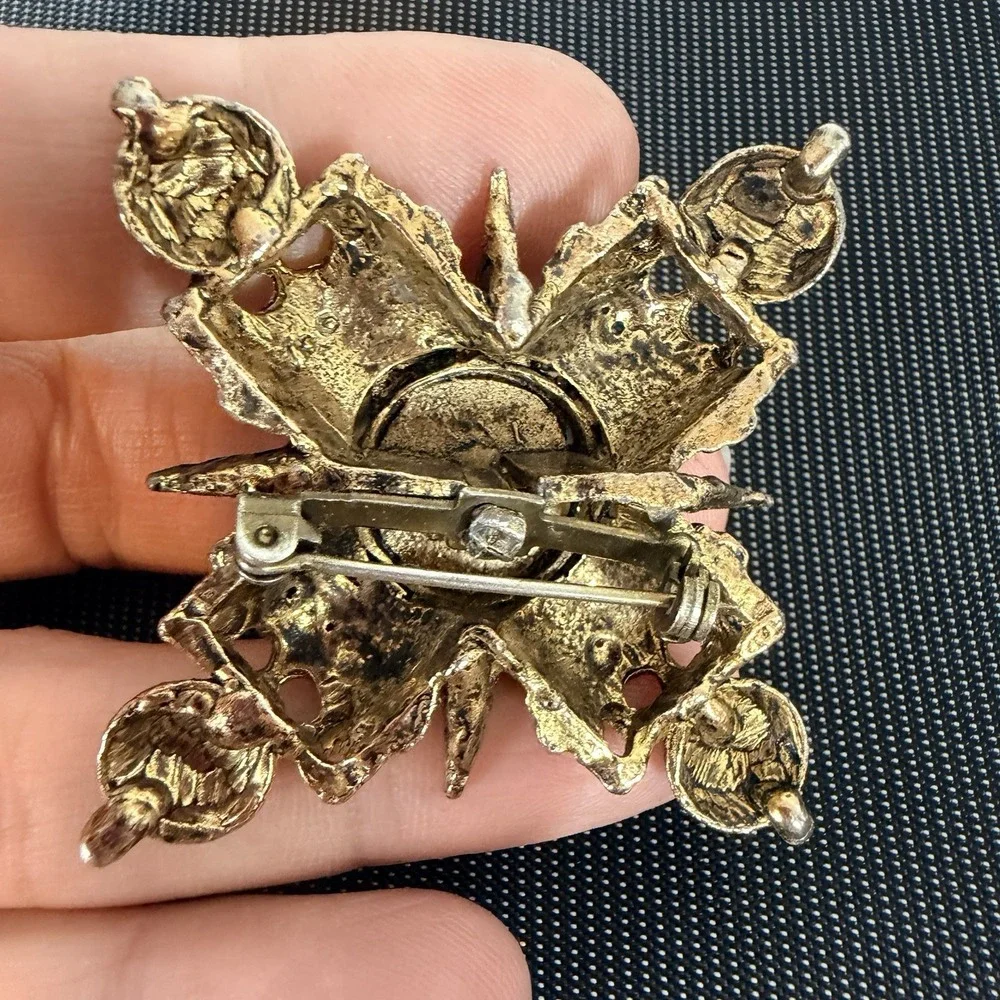 Gold Tone Cross Brooch Pin White Glass Stone Costume